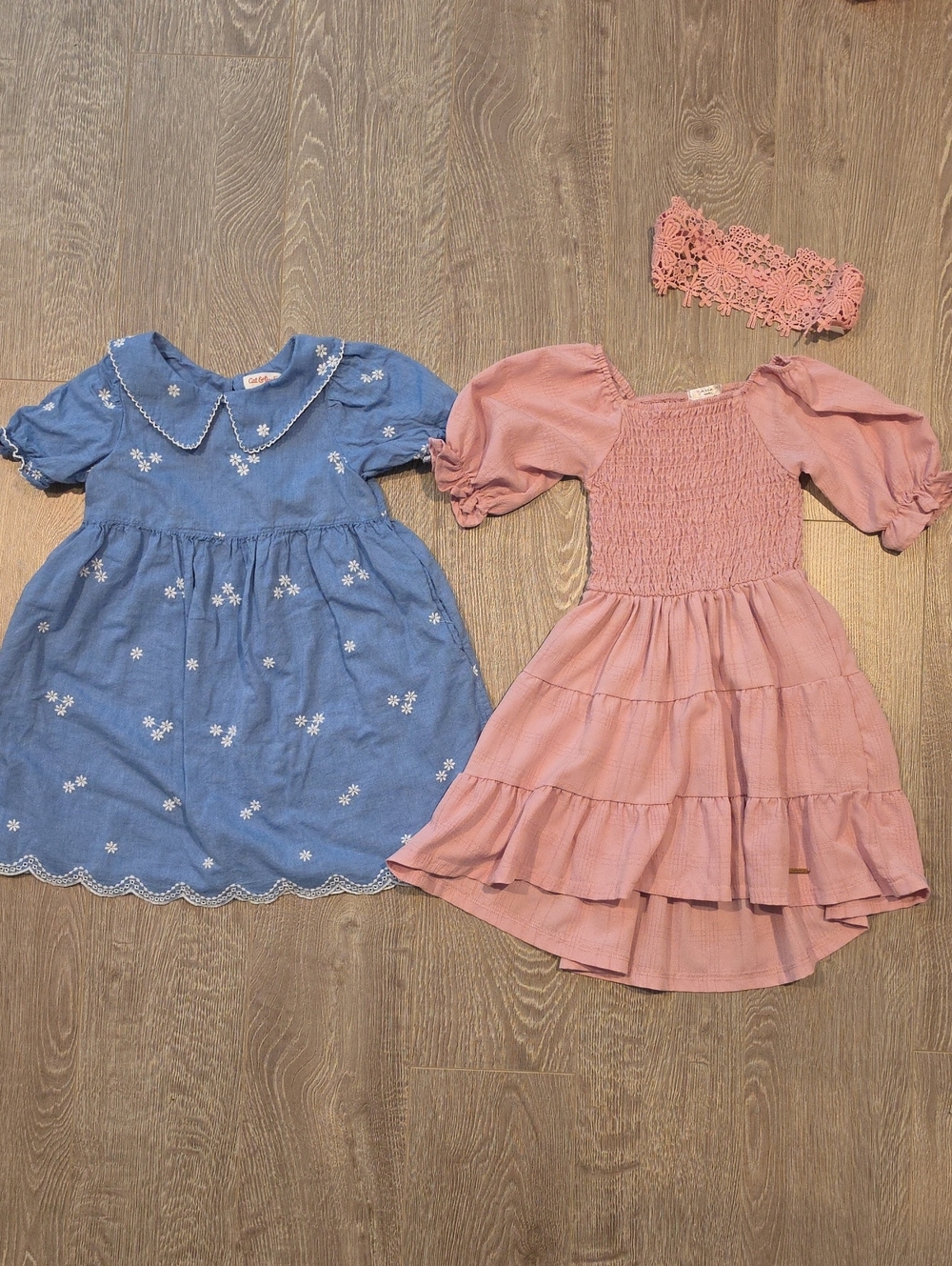 Cat & Jack Blue Dress And Pink Smocked Tiered Dress with Lace Headband